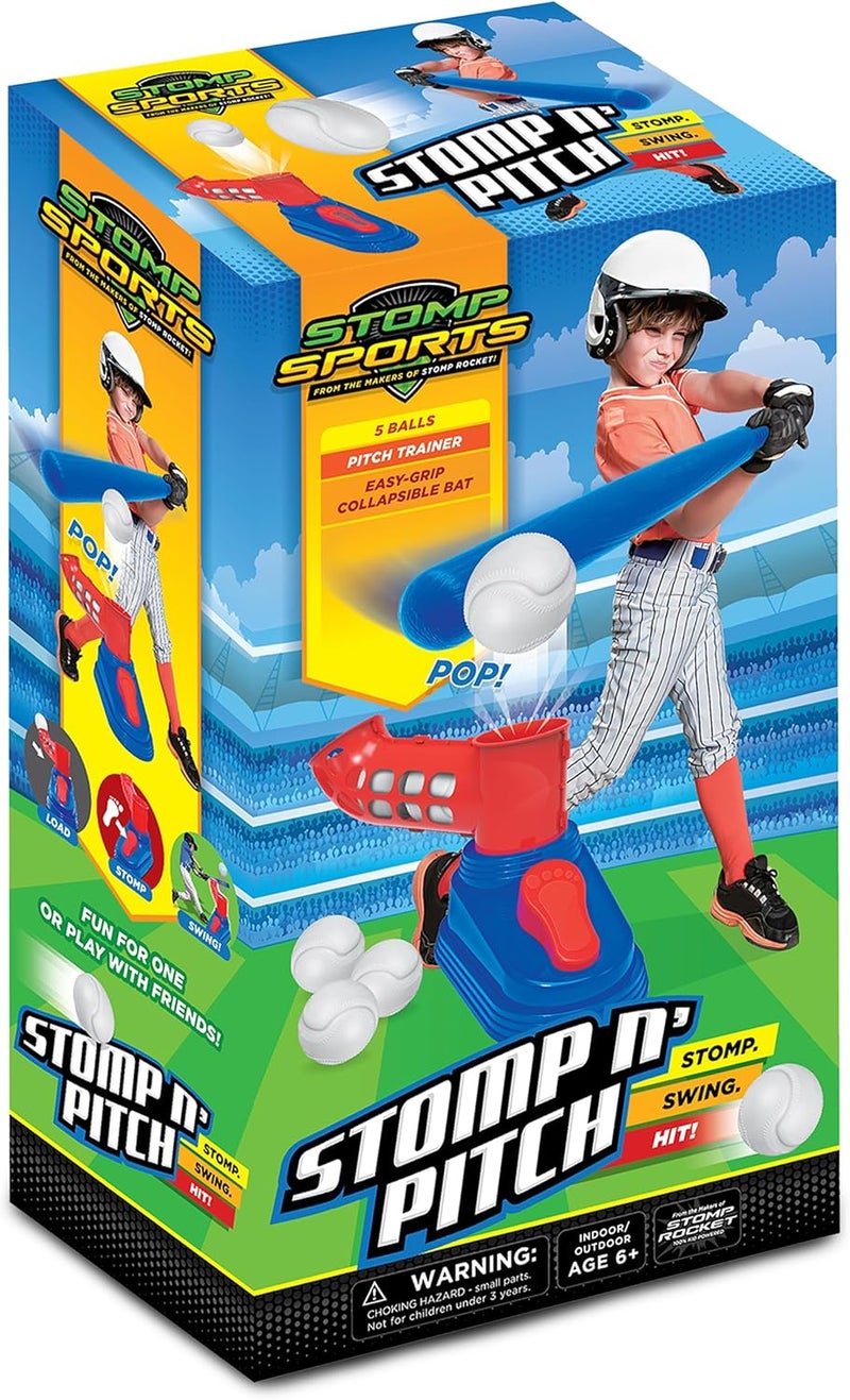 Stomp Rocket Stomp N Pitch Baseball Pitching Machine for Kids - Baseball Training Machines for Boys & Girls with Collapsible Bat, Launcher & 5 Balls - Outdoor Sports Gear & Toys - 6+ Year Olds - Image 1